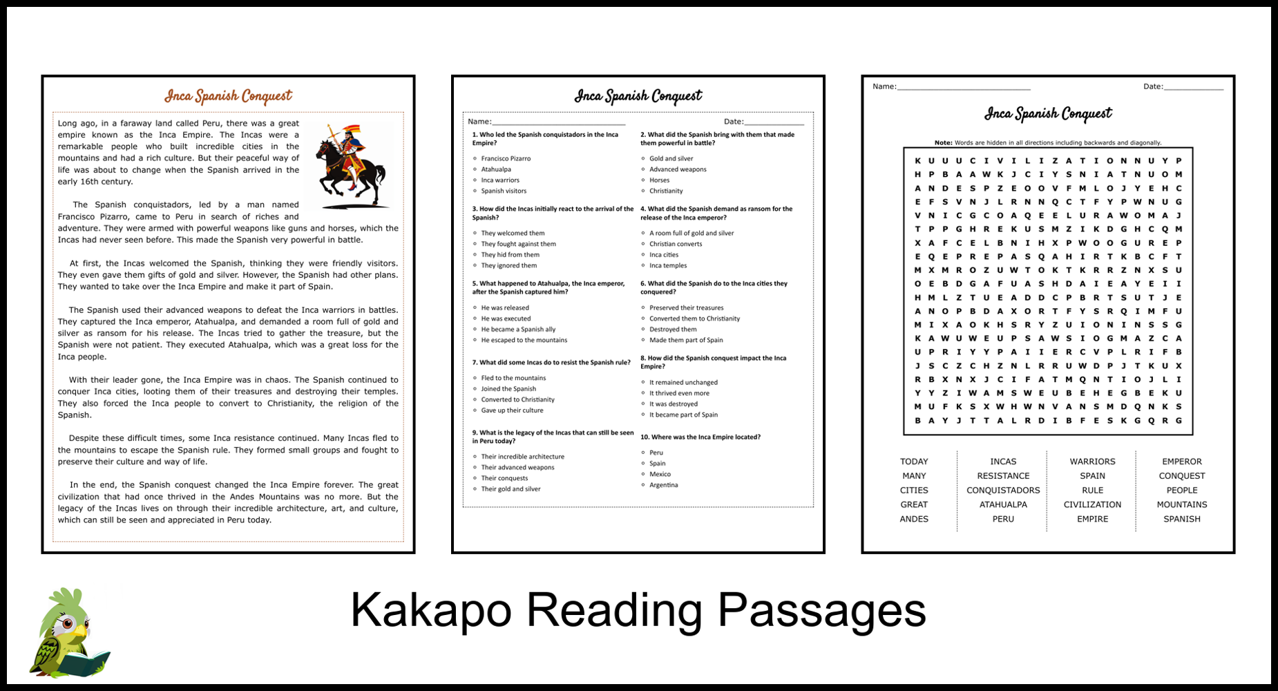 Inca Spanish Conquest Reading Comprehension And Word Search Teaching Resources Inca Spanish Conquest Reading Comprehension And Word Search Teaching Resources