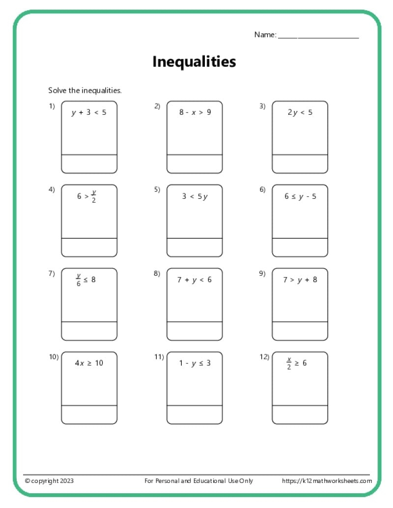Inequalities Worksheets