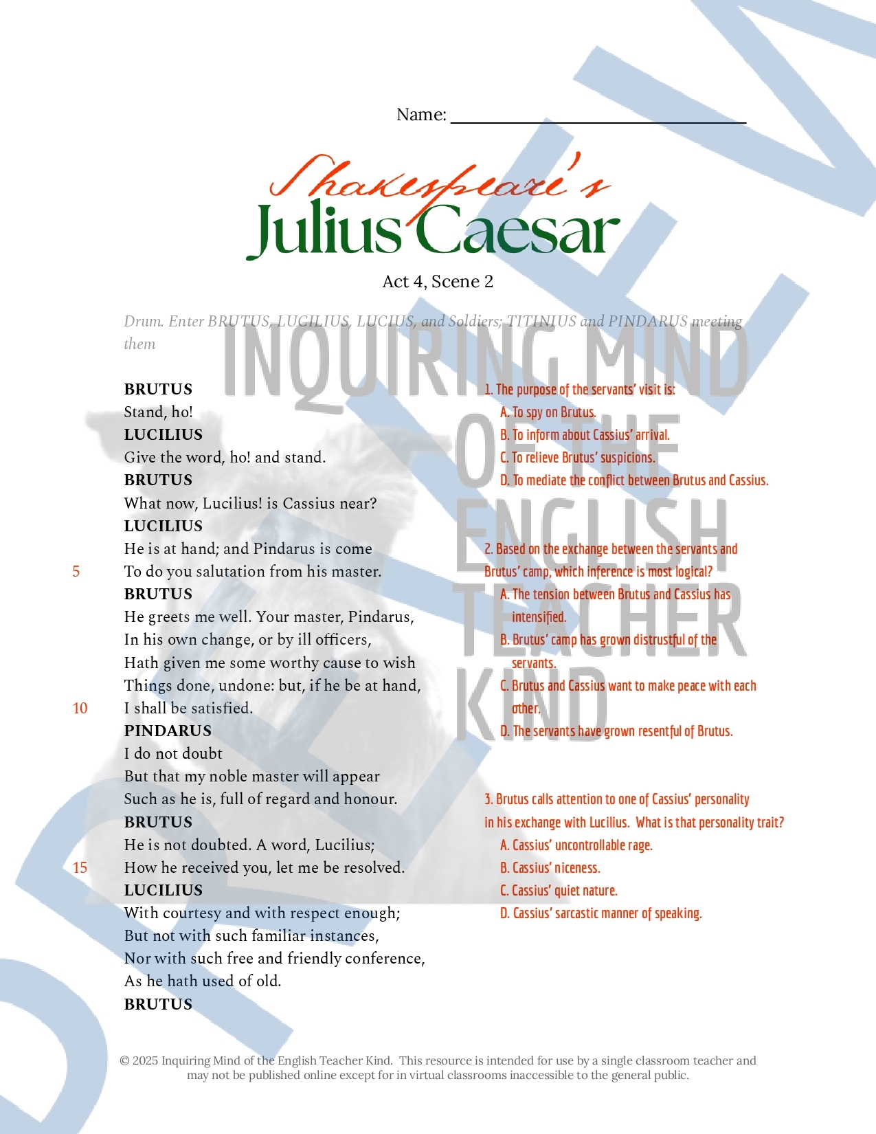 Julius Caesar Act 4 Scene 2 Close Reading Analysis Worksheet And Answer Key Made By Teachers