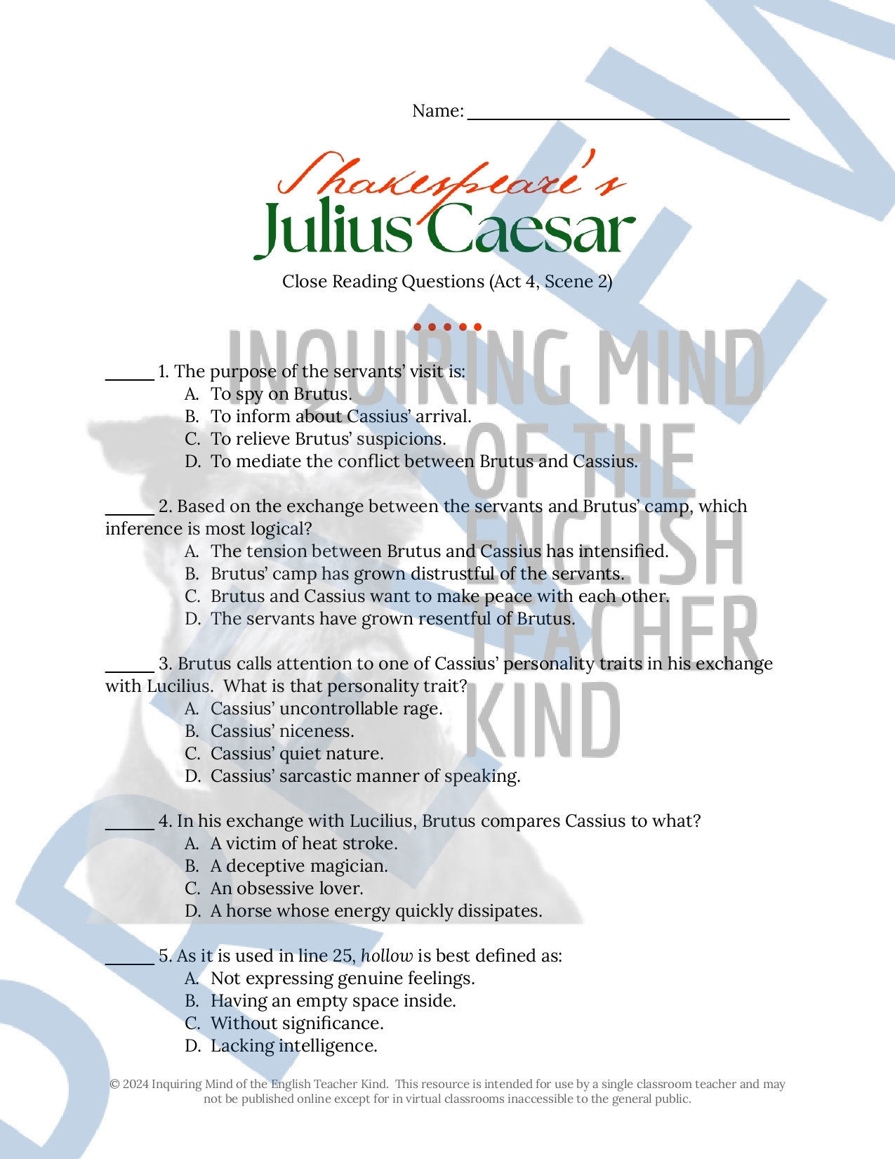 Julius Caesar Act 4 Scene 2 Close Reading Analysis Worksheet And Answer Key Made By Teachers