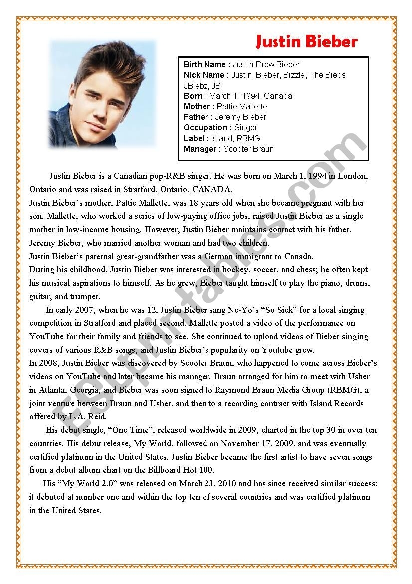 Justin Bieber Reading Comprehension Worksheets