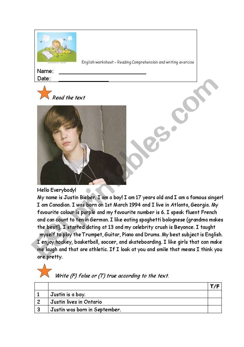 Justin Bieber ESL Worksheet By Misscool