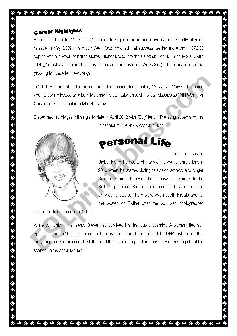 Justin Bieber Reading Comprehension ESL Worksheet By Baronesa