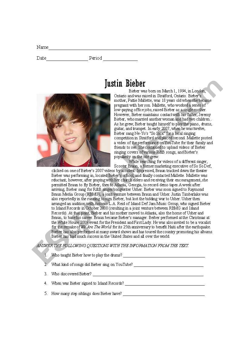 Justin Bieber Reading Comprehension ESL Worksheet By Milama