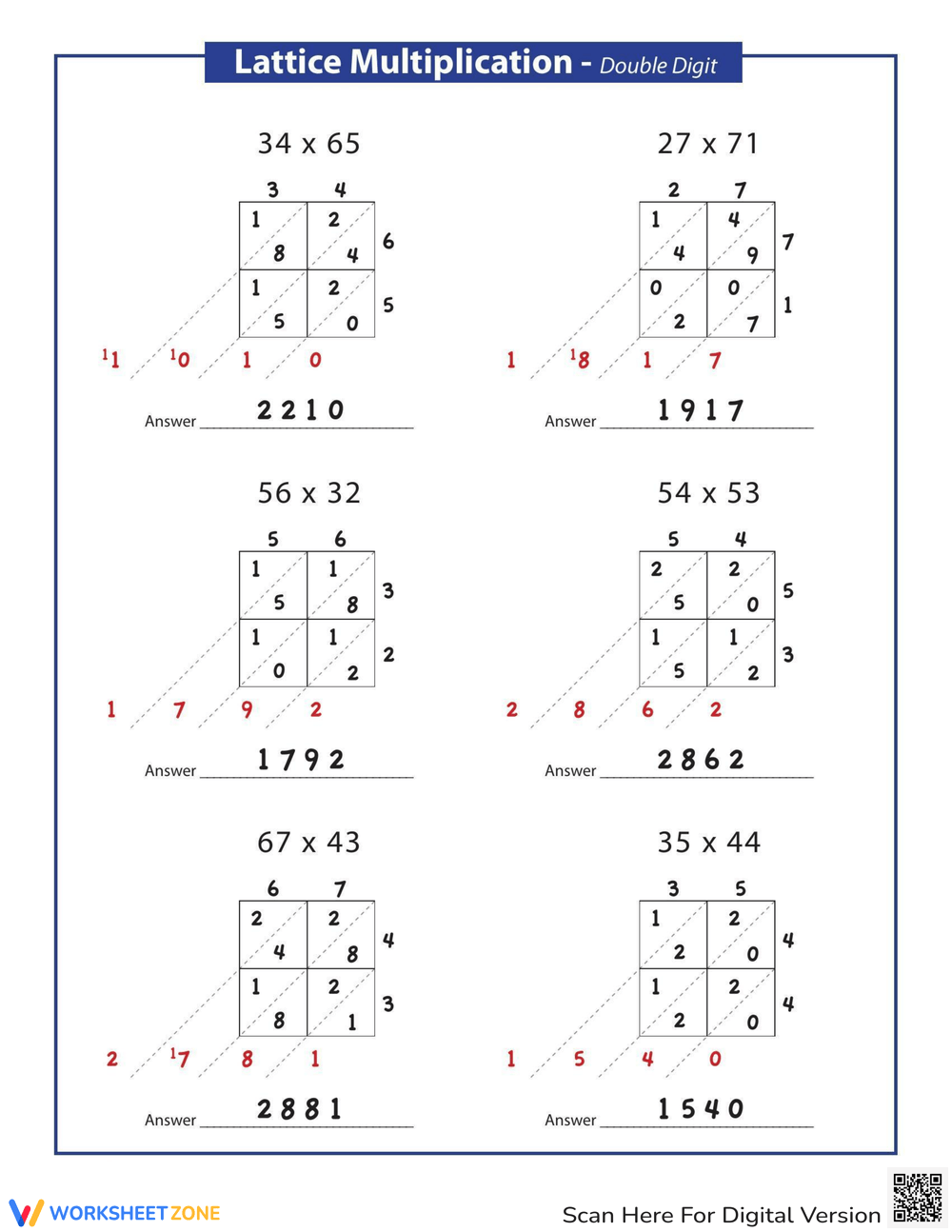 Printable Math Lattice Worksheets Fourth Grade