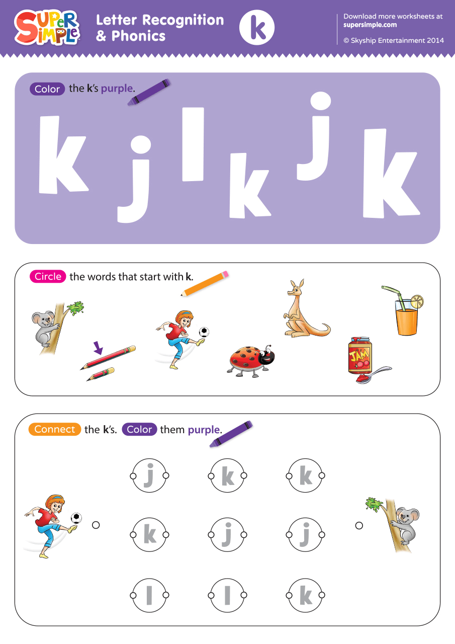 Letter Recognition Phonics Worksheet K lowercase Super Simple Letter Recognition Phonics Worksheet K lowercase Super Simple