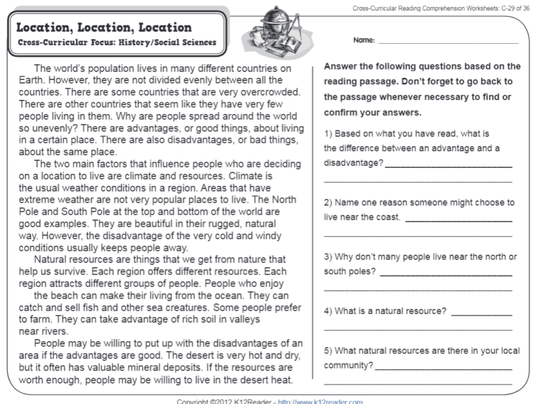 Location Location Location 3rd Grade Reading Comprehension Worksheet