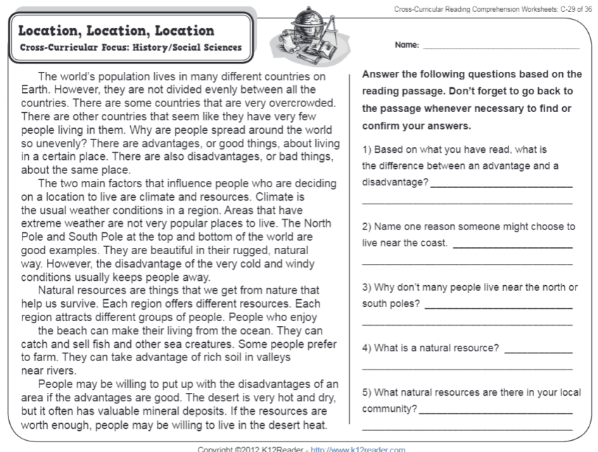 Location Location Location 3rd Grade Reading Comprehension Worksheet