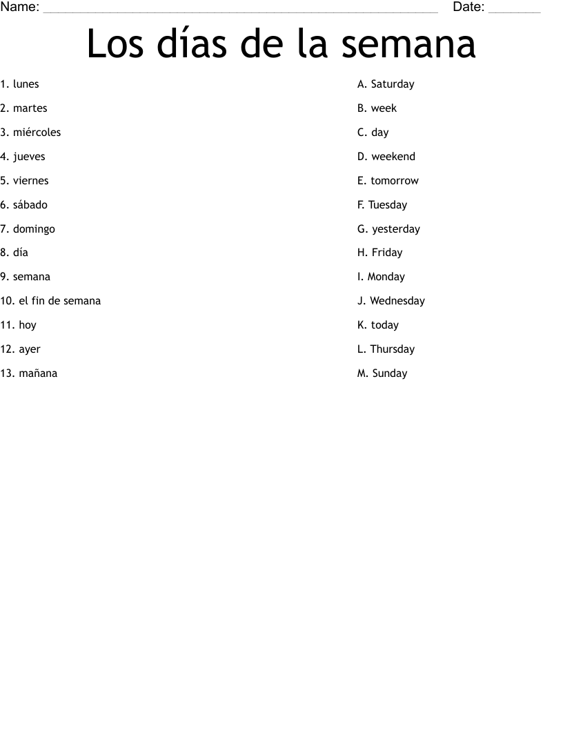Los D as De La Semana Worksheet WordMint