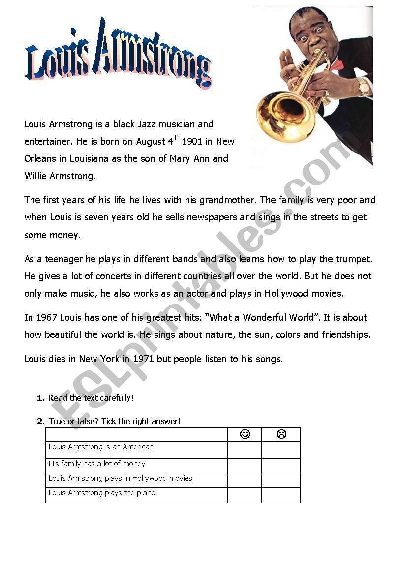 Louis Armstrong ESL Worksheet By Biiiene Louis Armstrong ESL Worksheet By Biiiene