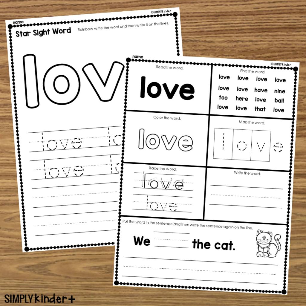 Love Sight Word Printable Activities Simply Kinder Plus