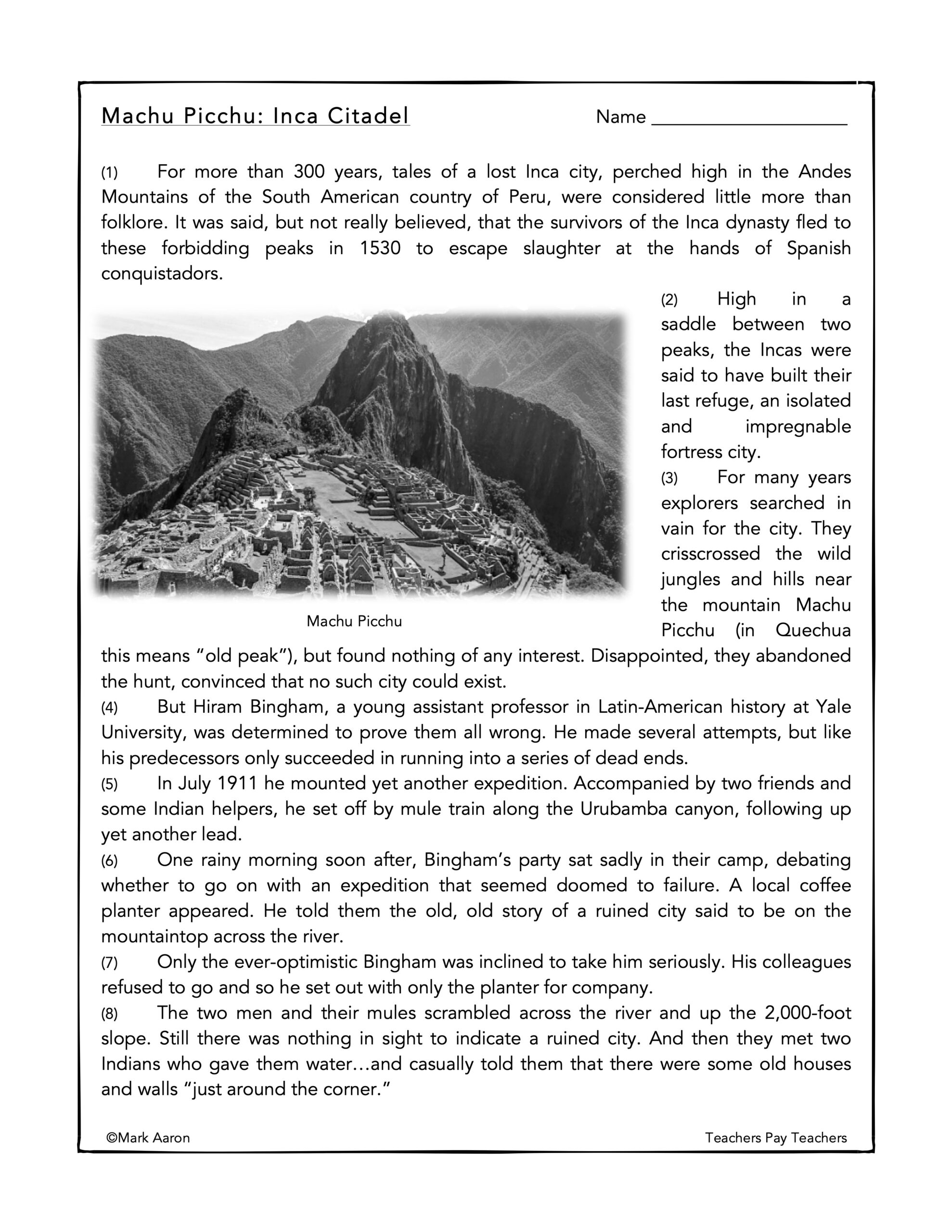 Machu Picchu Inca Citadel Reading Comprehension Passage And Assessment Classful Machu Picchu Inca Citadel Reading Comprehension Passage And Assessment Classful