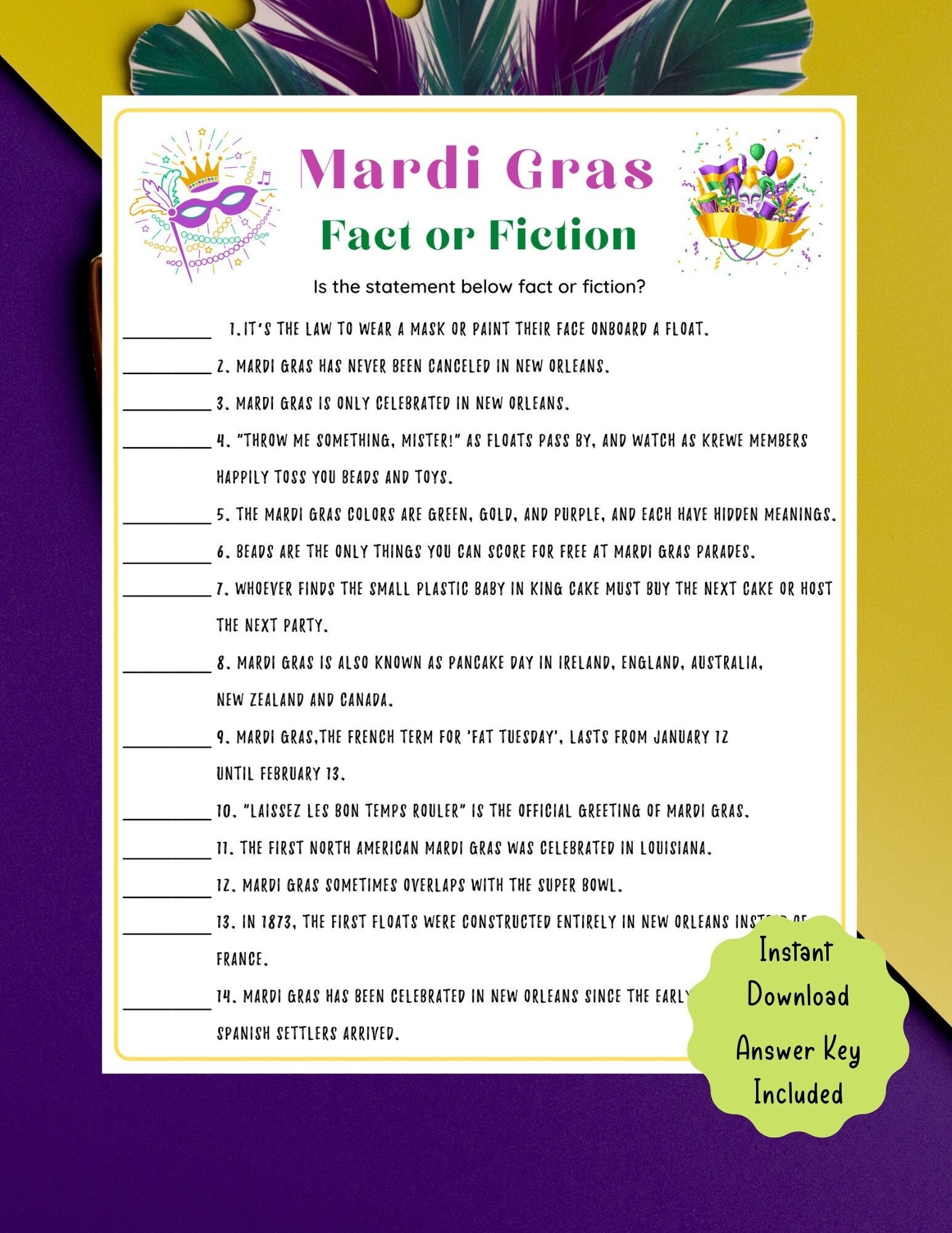 Mardi Gras Fact Or Fiction Game Printable Trivia digital Download Etsy Mardi Gras Fact Or Fiction Game Printable Trivia digital Download Etsy