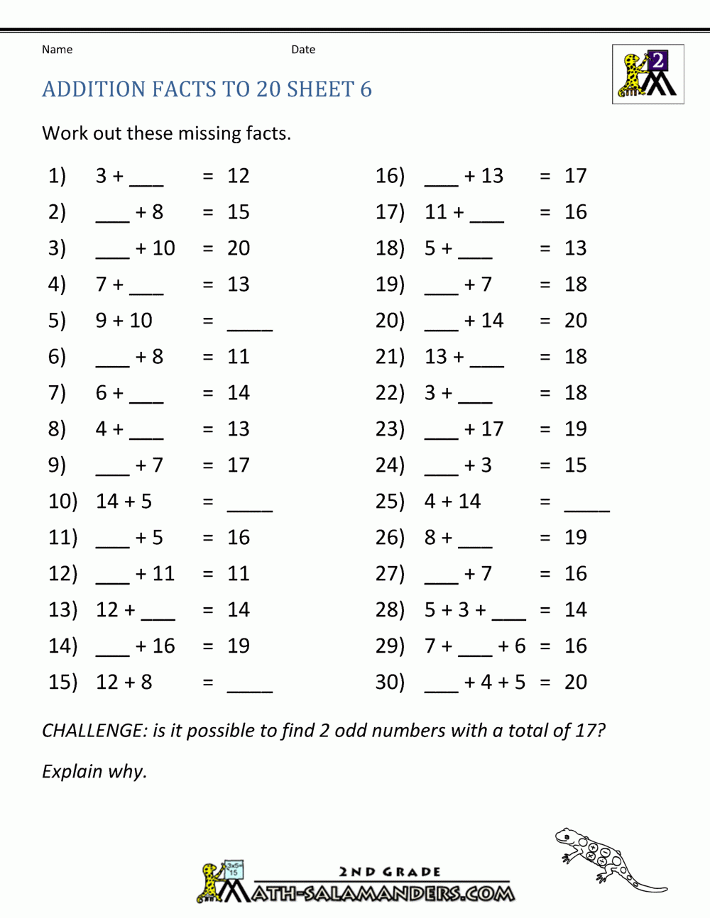 Math Addition Facts To 20
