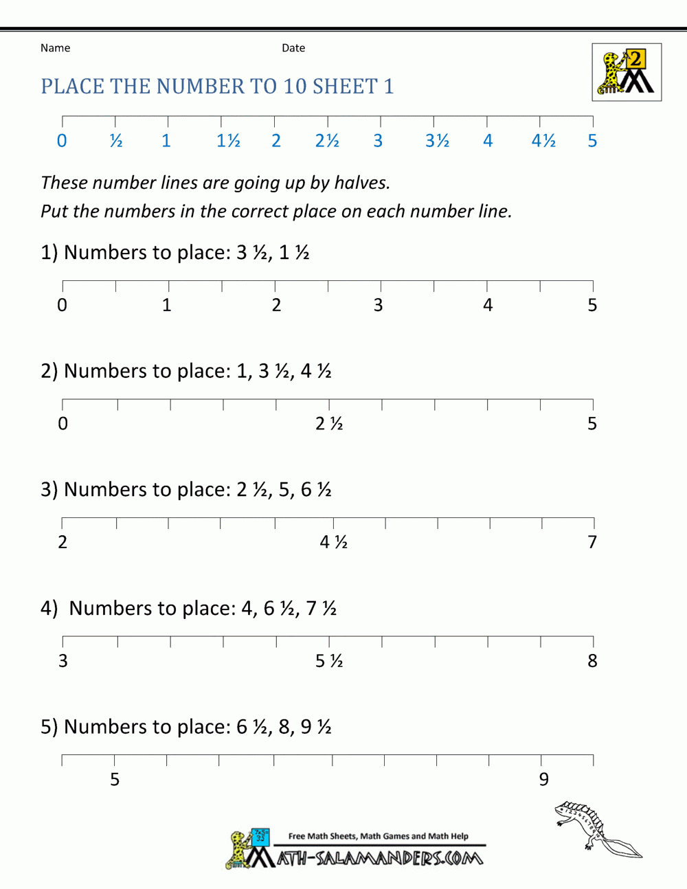 Math Number Line Worksheets Counting By Halves