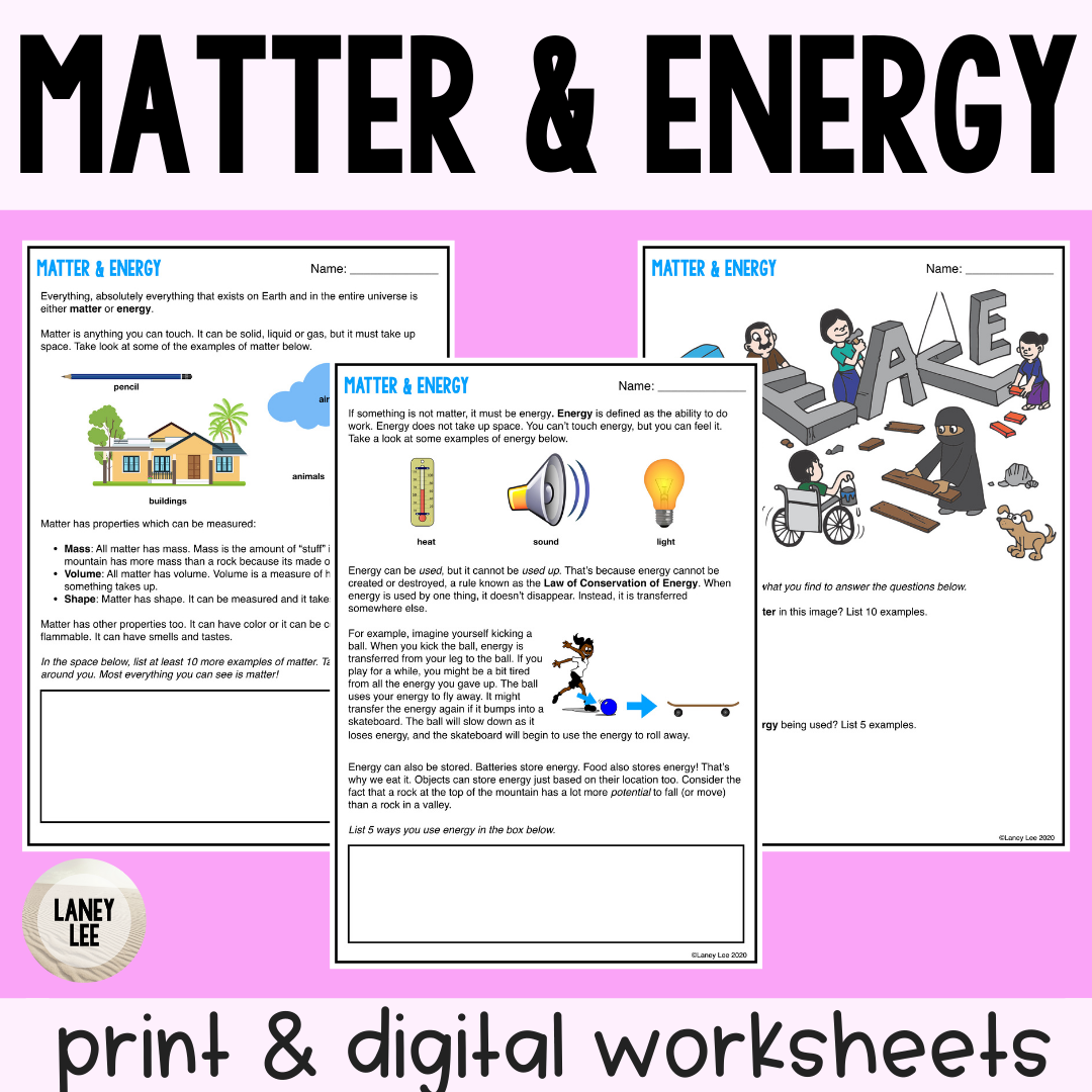 Matter U0026 Energy Reading Comprehension Worksheets Laney Lee Matter U0026 Energy Reading Comprehension Worksheets Laney Lee