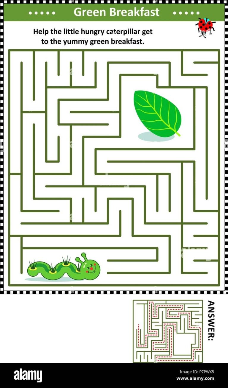 Maze Game For Children With Leaf And Caterpillar Help The Little Hungry Caterpillar Get To The Yummy Green Breakfast Answer Included Stock Vector Image U0026 Art Alamy