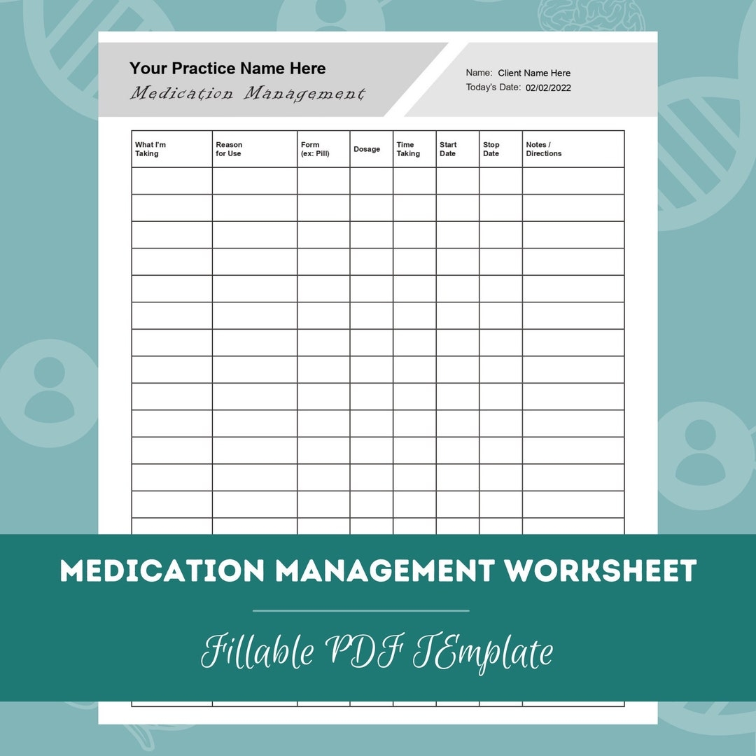 Medication Management Worksheet Editable Fillable PDF Template For Counselors Psychologists Social Workers Therapists Etsy