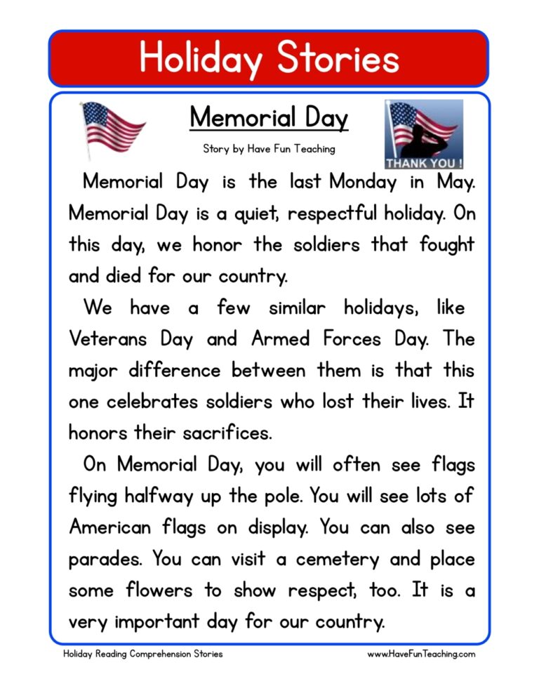 Memorial Day Reading Comprehension Worksheet Have Fun Teaching
