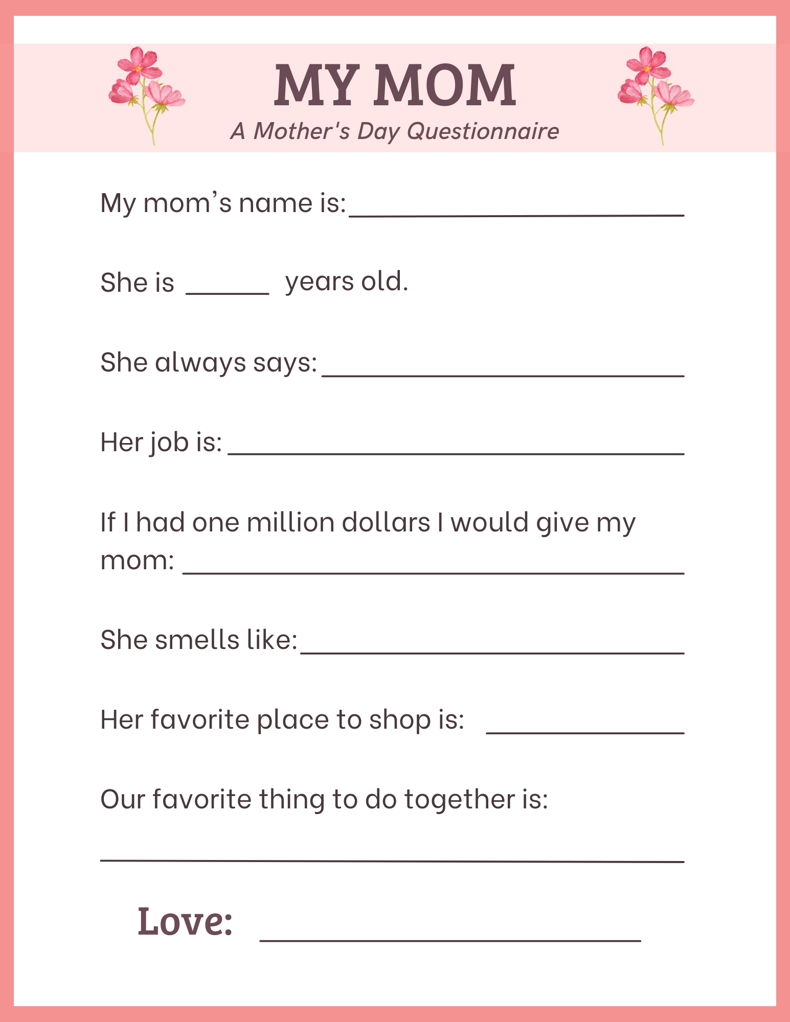 Mother's Day Questions Preschool Printable Mother's Day Questions Preschool Printable