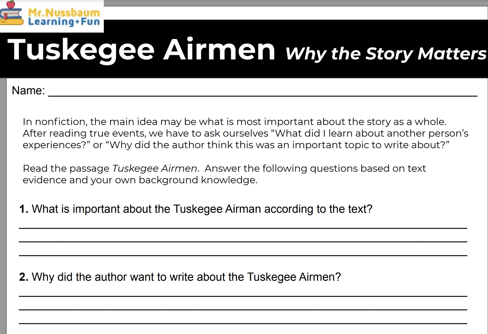 Tuskegee Airmen Reading Comprehension Worksheet Tuskegee Airmen Reading Comprehension Worksheet