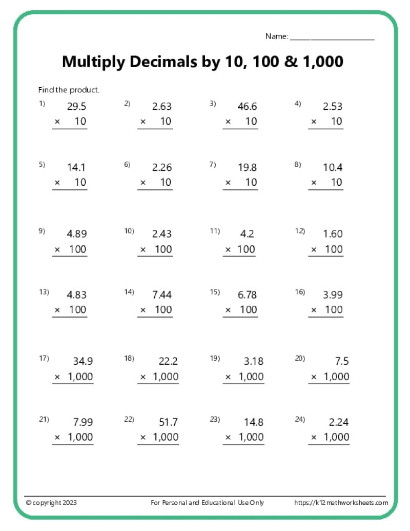 Free Decimal Worksheets For 7th Grade