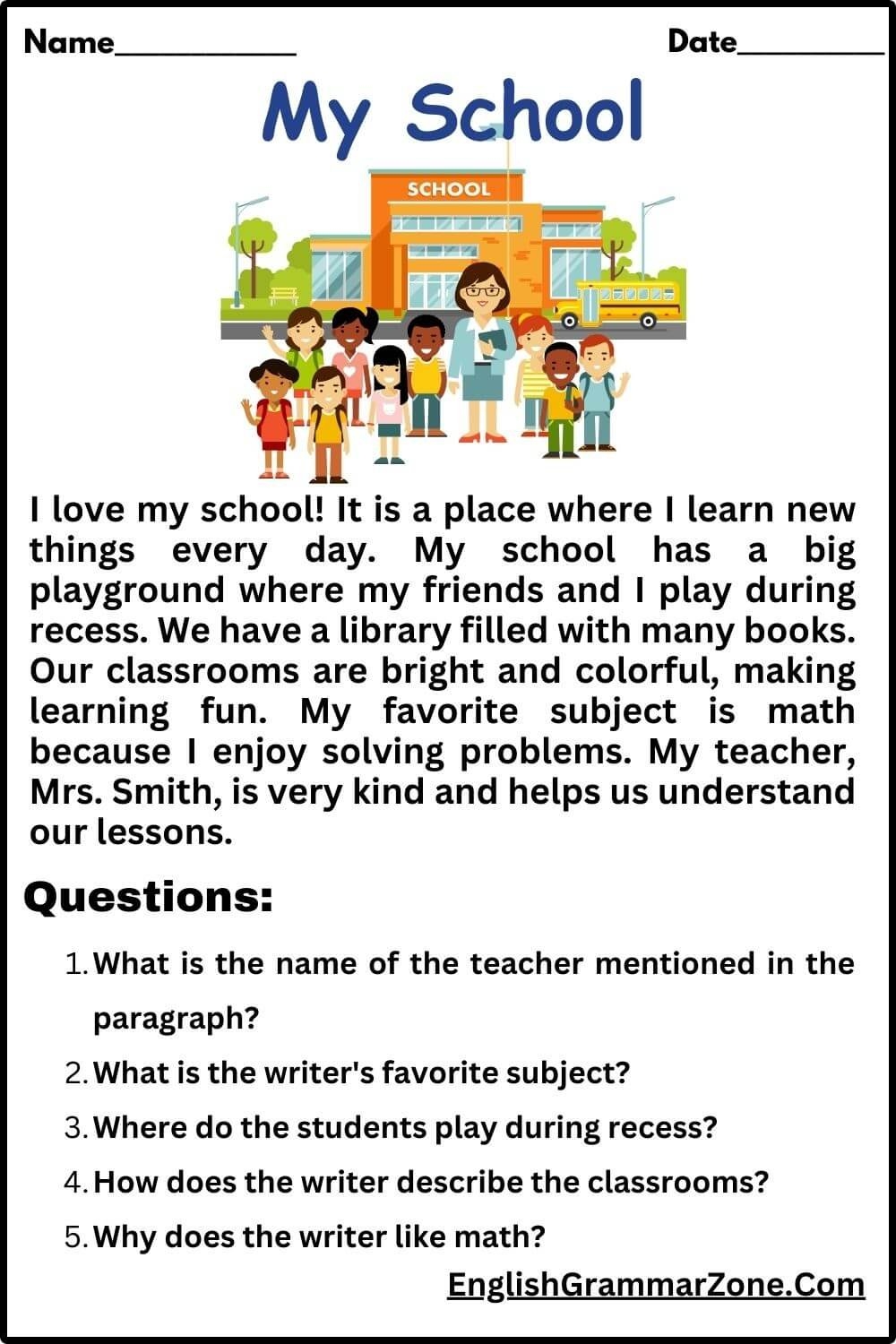 My School Reading Comprehension For Grade 2