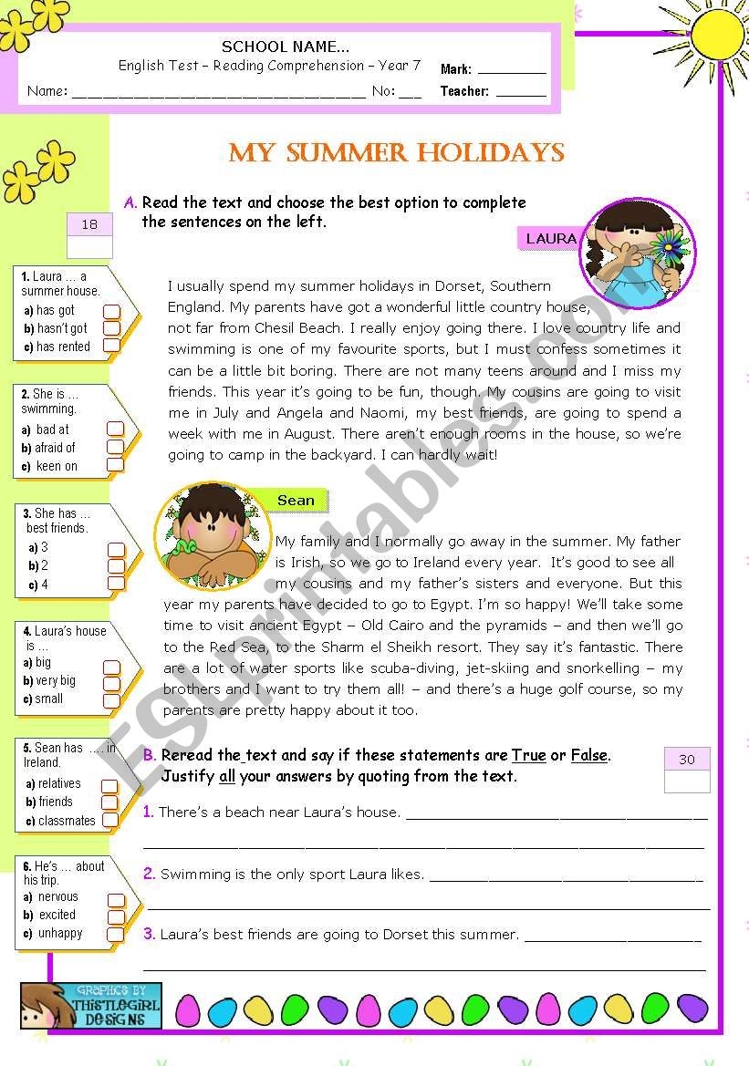 My Summer Holidays Reading Comprehension ESL Worksheet By Mena22