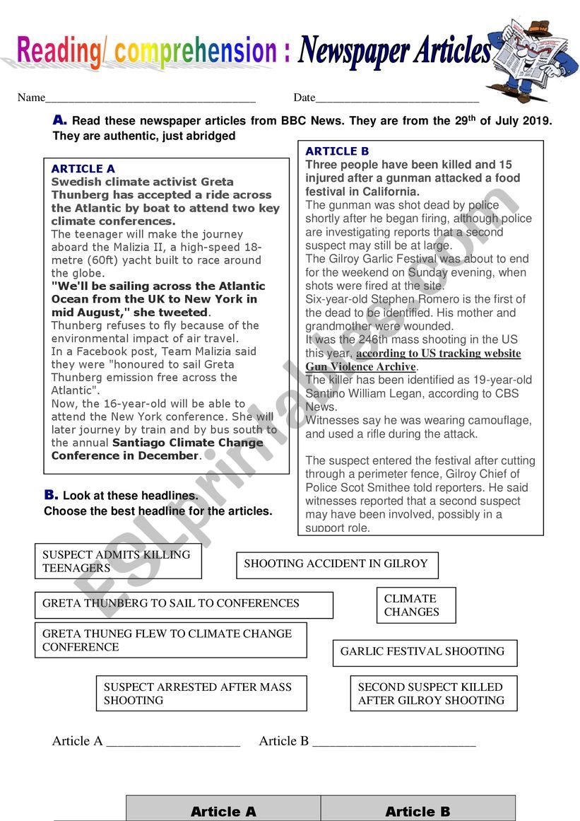 Newspaper Articles Reading Comprehension Activity ESL Worksheet By G raldine N