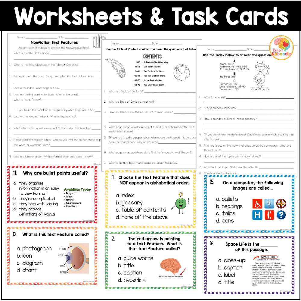 Nonfiction Text Features Activities Posters Task Cards amp MORE Worksheets Library