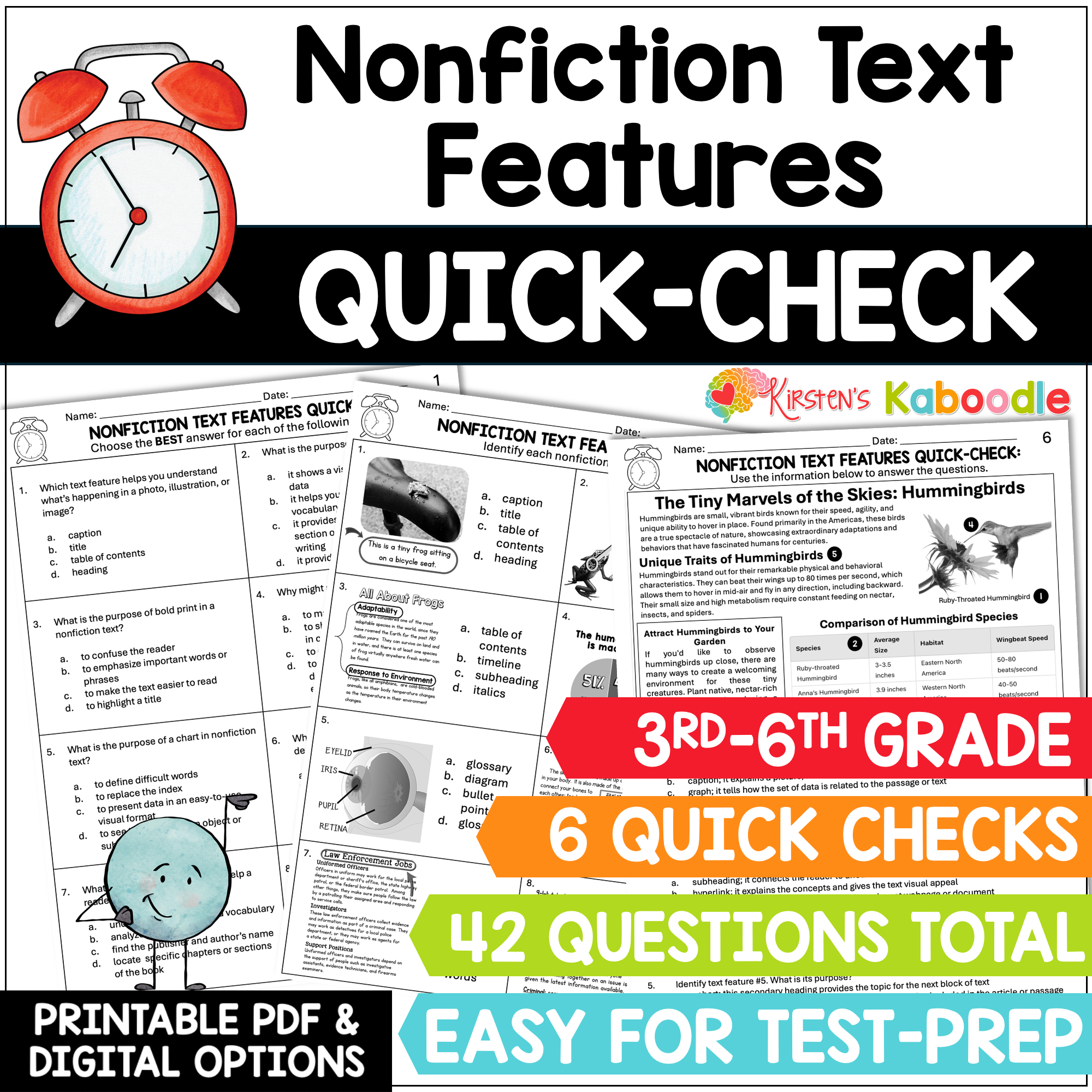 Nonfiction Text Features Quick Check Test Prep Worksheets