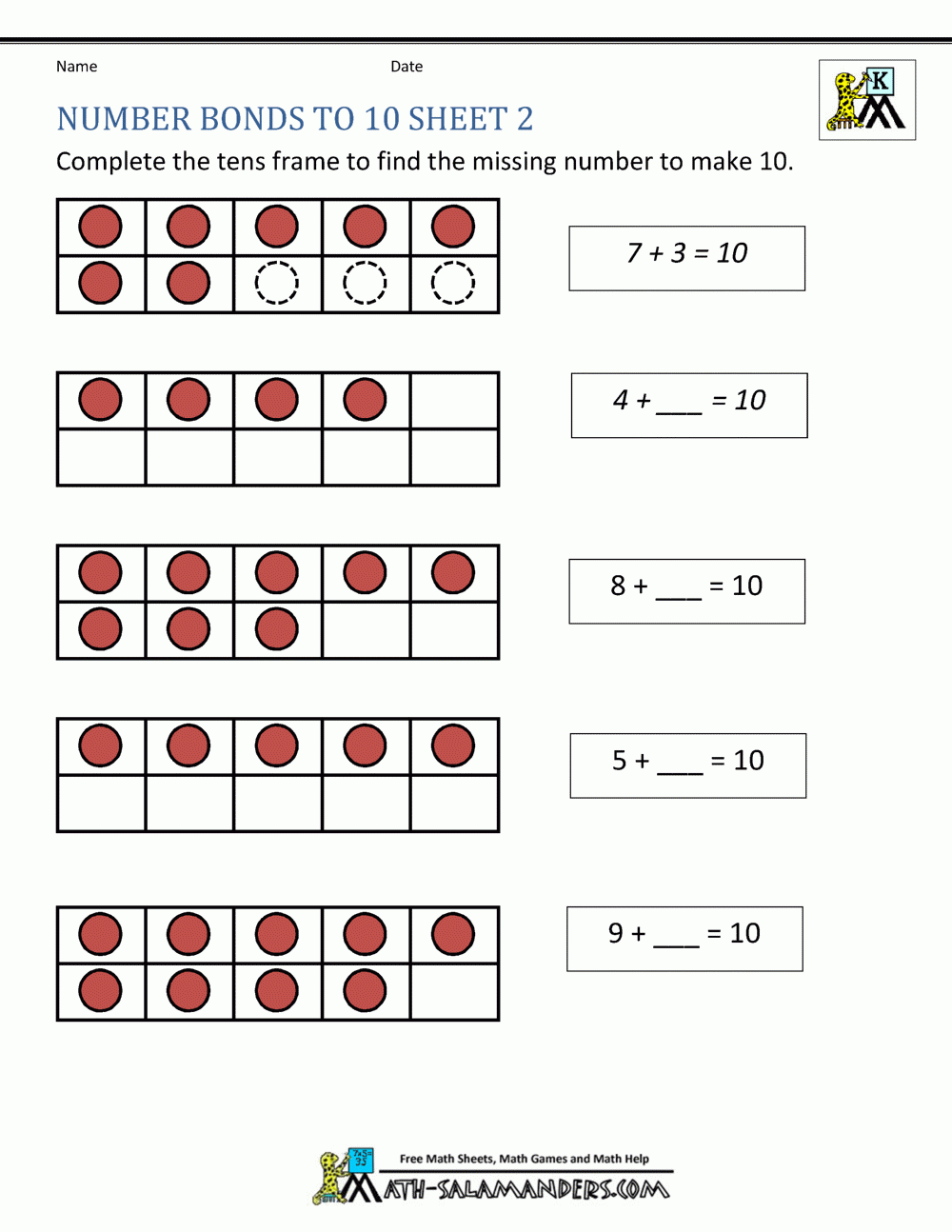 Number Bonds Kindergarten Worksheets Free