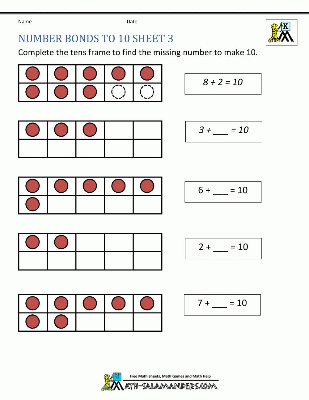 Kindergarten Number Bond Worksheets Free