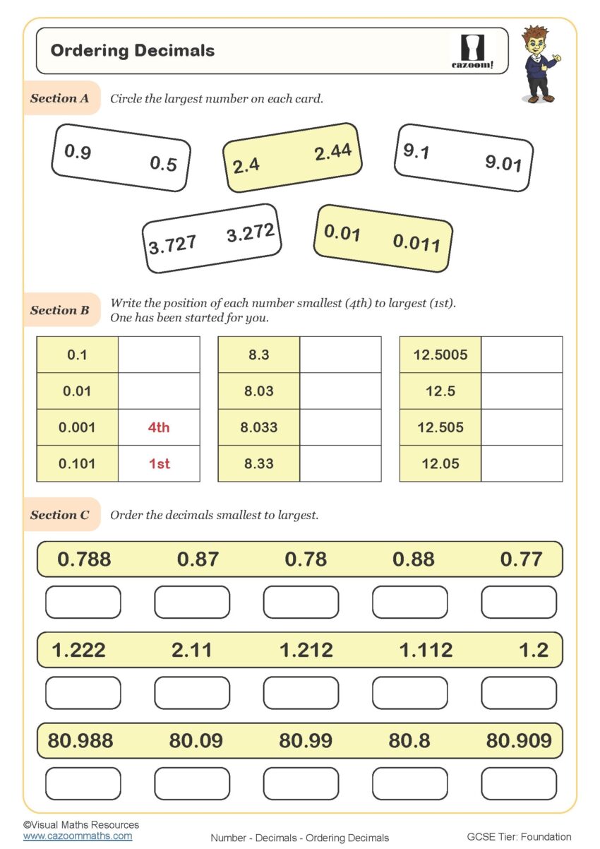 Ordering Decimals Worksheet Printable PDF Ordering Decimals Worksheet