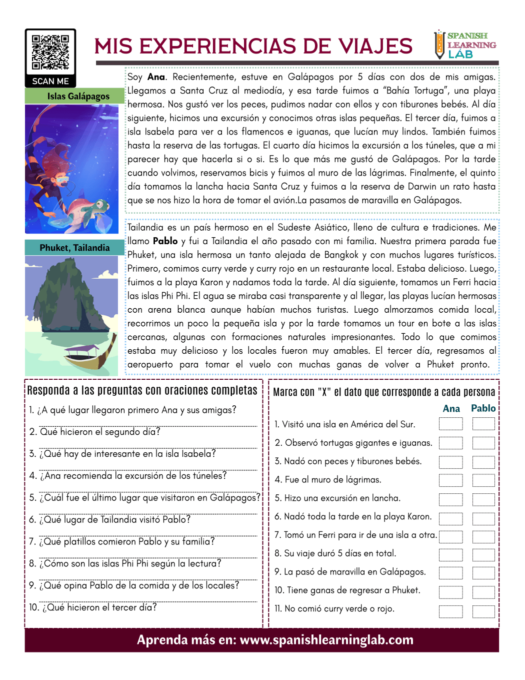 Our Travel Experiences In Spanish PDF Reading Worksheet Spanish Learning Lab