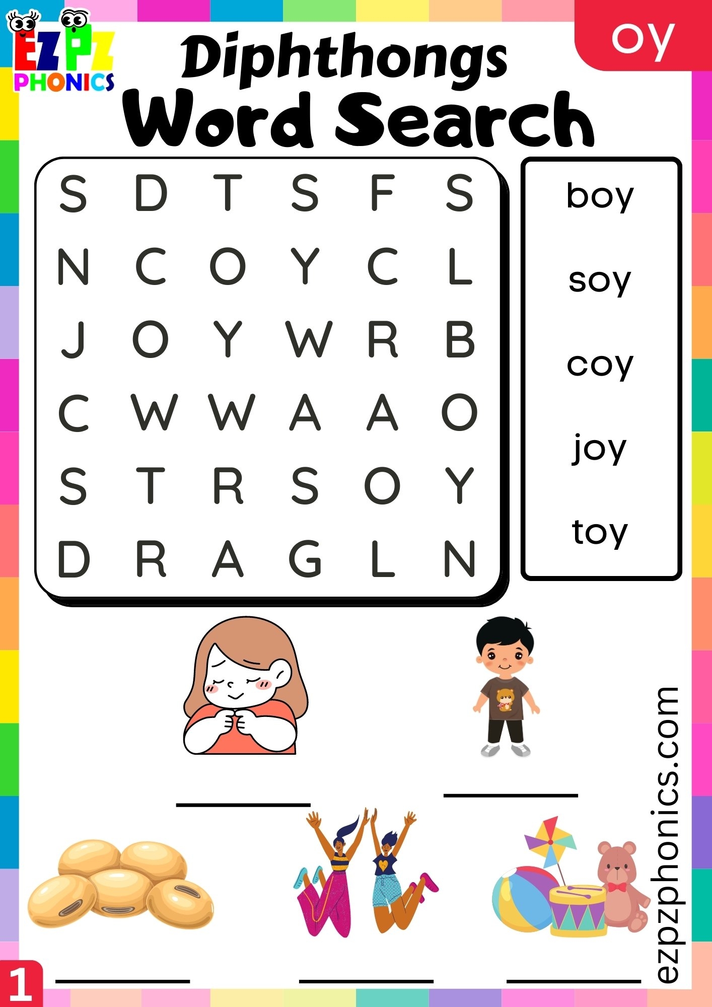 Oy Diphthongs Word Search Write And Find The Words Worksheet Ezpzphonics