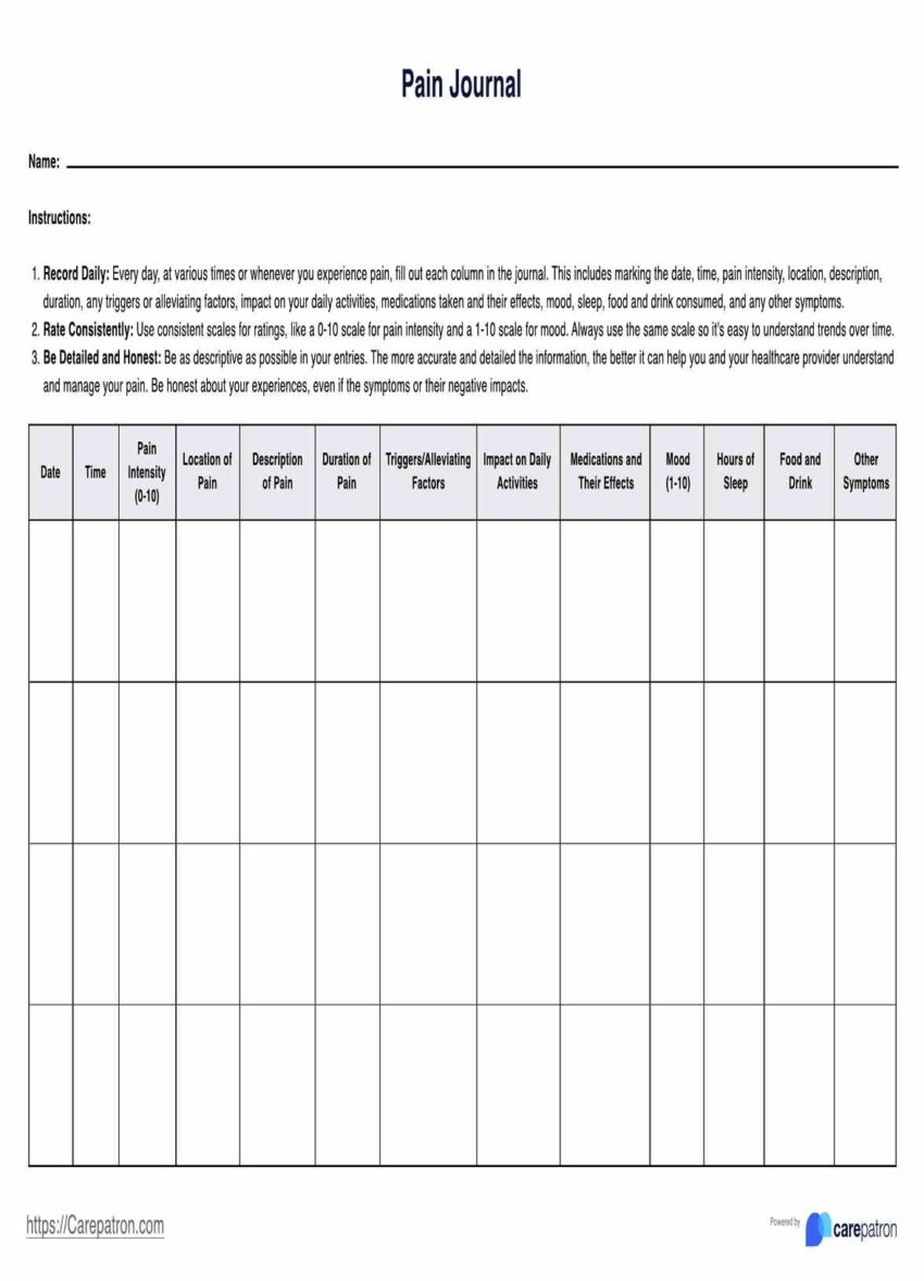 Pain Journal U0026 Example Free PDF Download