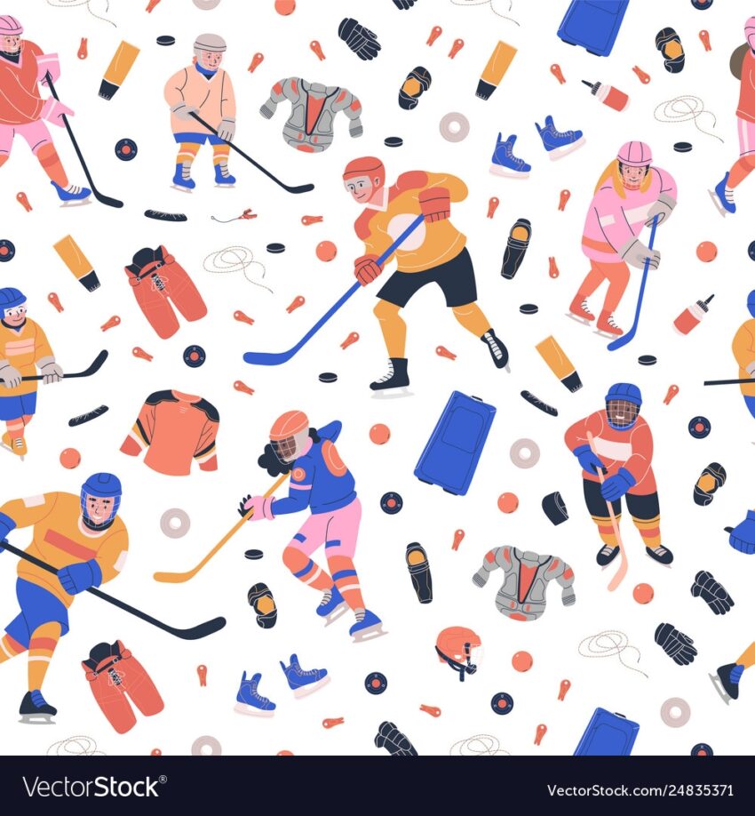 Pattern With Ice Hockey Equipment And Happy Kids Vector Image