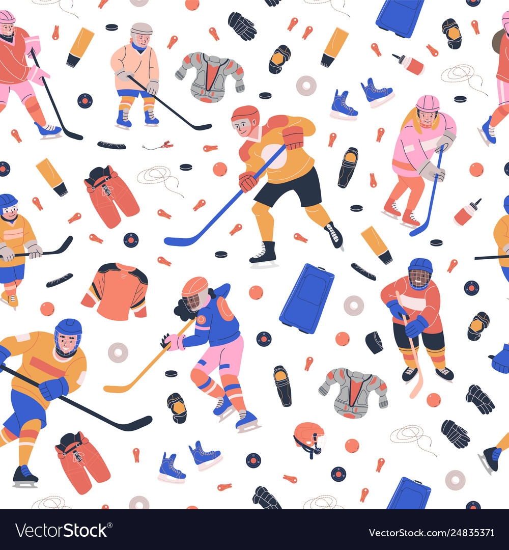 Pattern With Ice Hockey Equipment And Happy Kids Vector Image