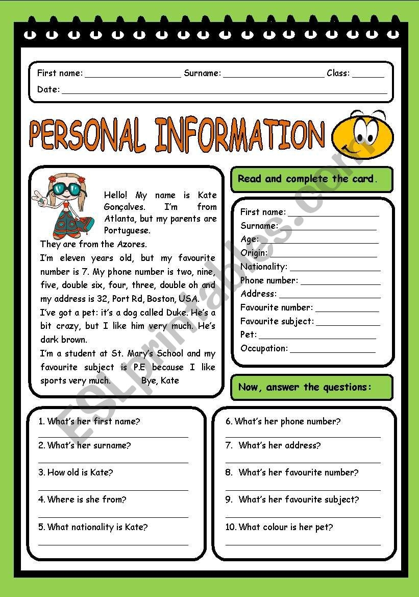 Printable Personal Information Worksheets Printable Personal Information Worksheets