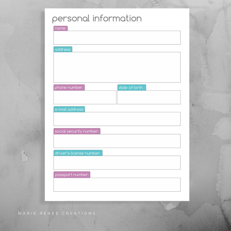Personal Information Worksheet Info Form Printable Etsy
