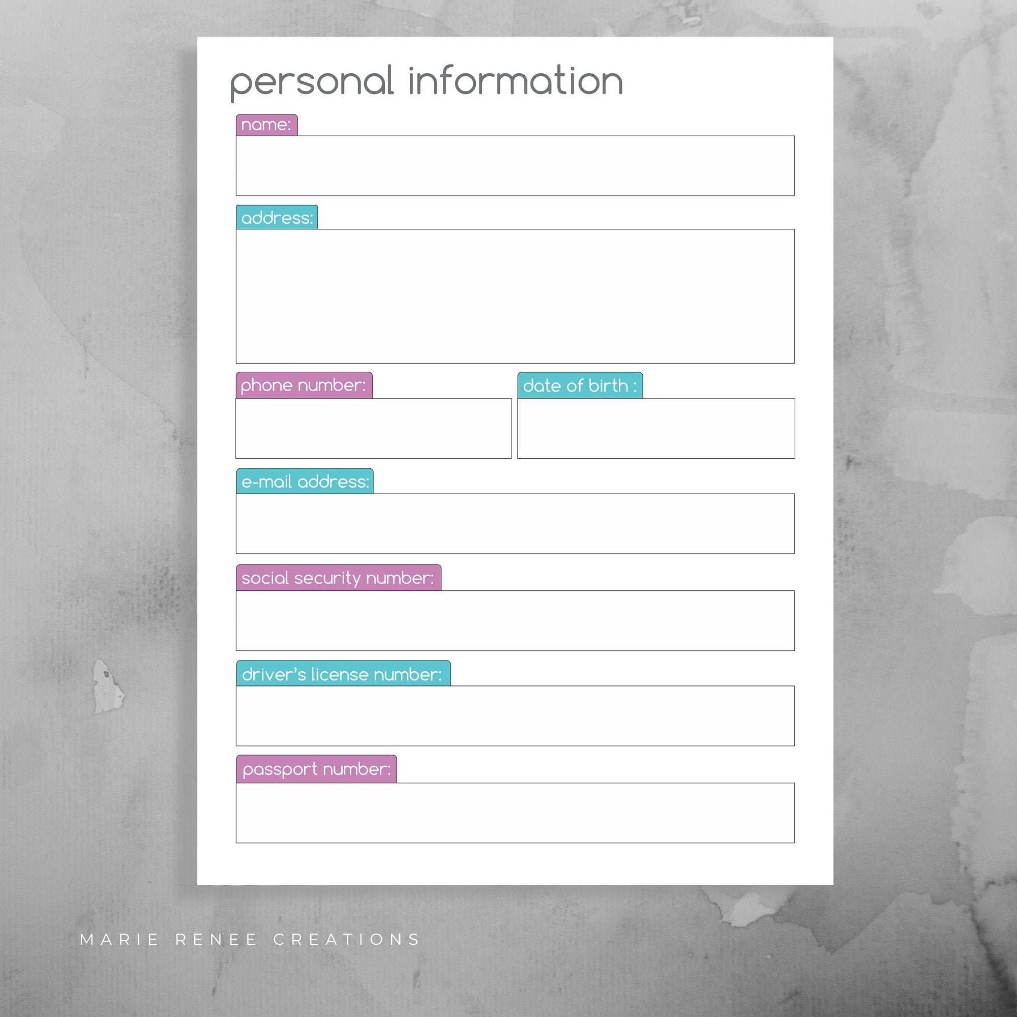 Personal Information Worksheet Info Form Printable Etsy Personal Information Worksheet Info Form Printable Etsy