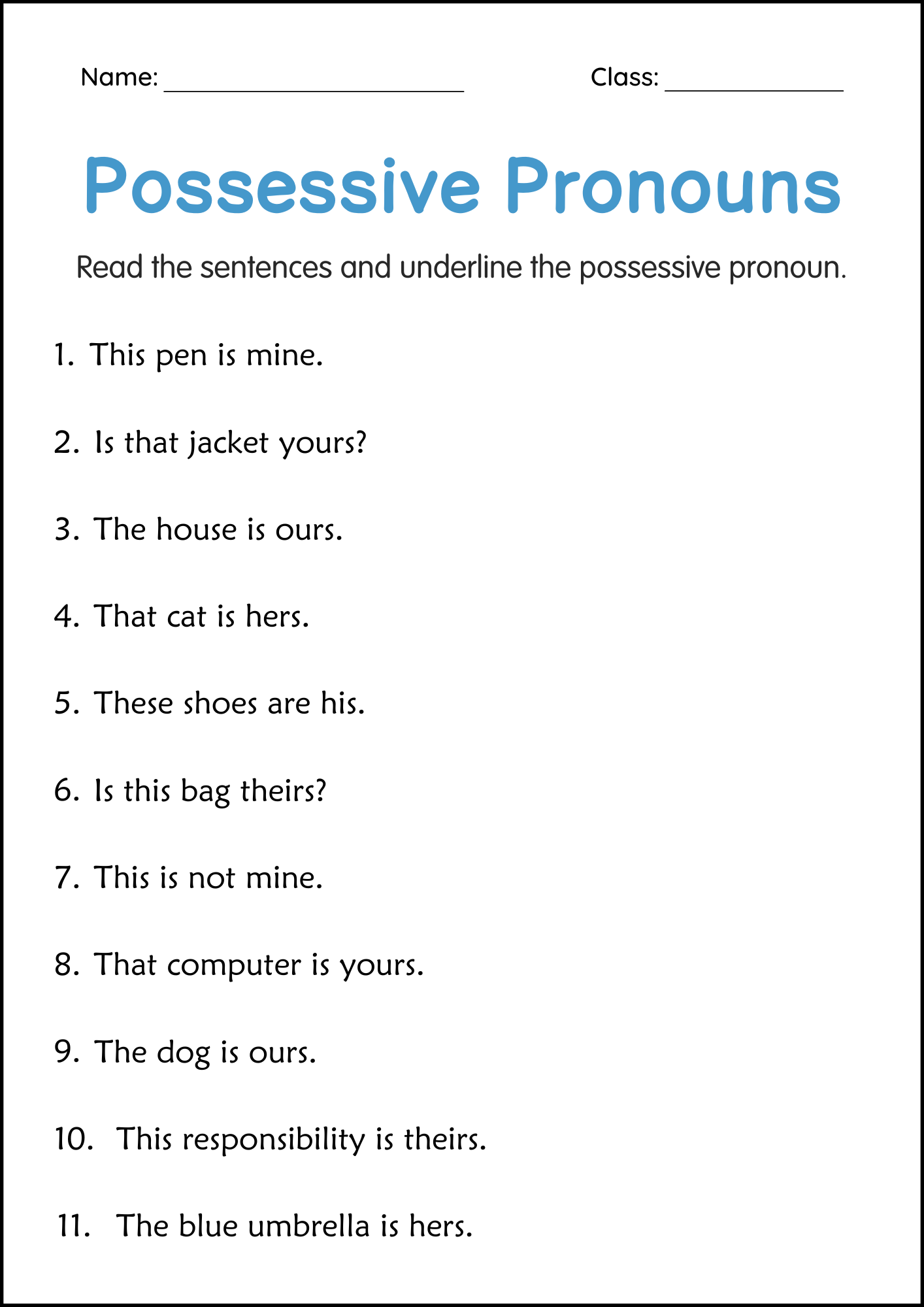 Possessive Pronouns Grammar Activity Worksheets For Grade 2 3 4 Made By Teachers