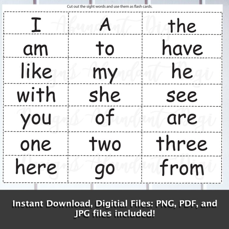 Preschool Kindergarten Sight Words Cut Out Flash Cards Jpeg Png 