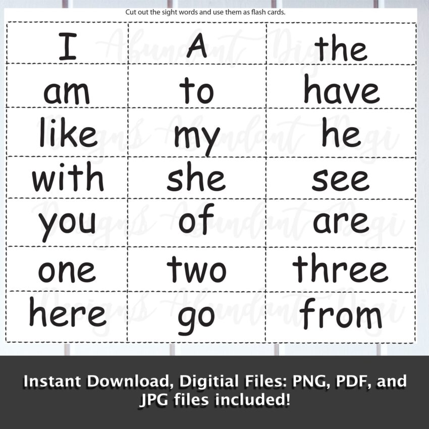 Preschool Kindergarten Sight Words Cut Out Flash Cards Jpeg Png