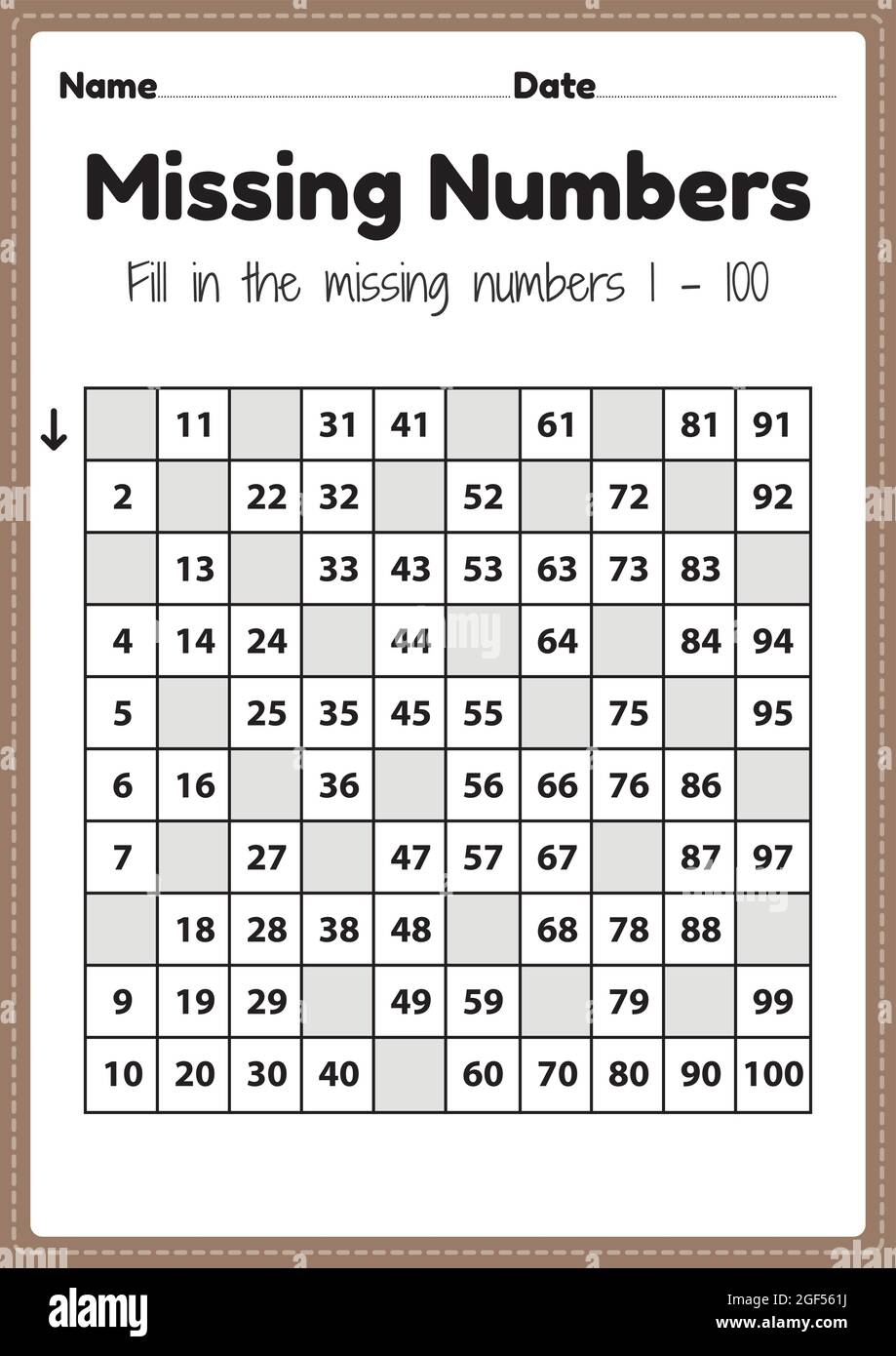 Preschool Math Worksheets Missing Numbers 1 To 100 Printable Sheet For Kindergarten Kids Activity To Learn Basic Mathematics Skills Stock Vector Image U0026 Art Alamy