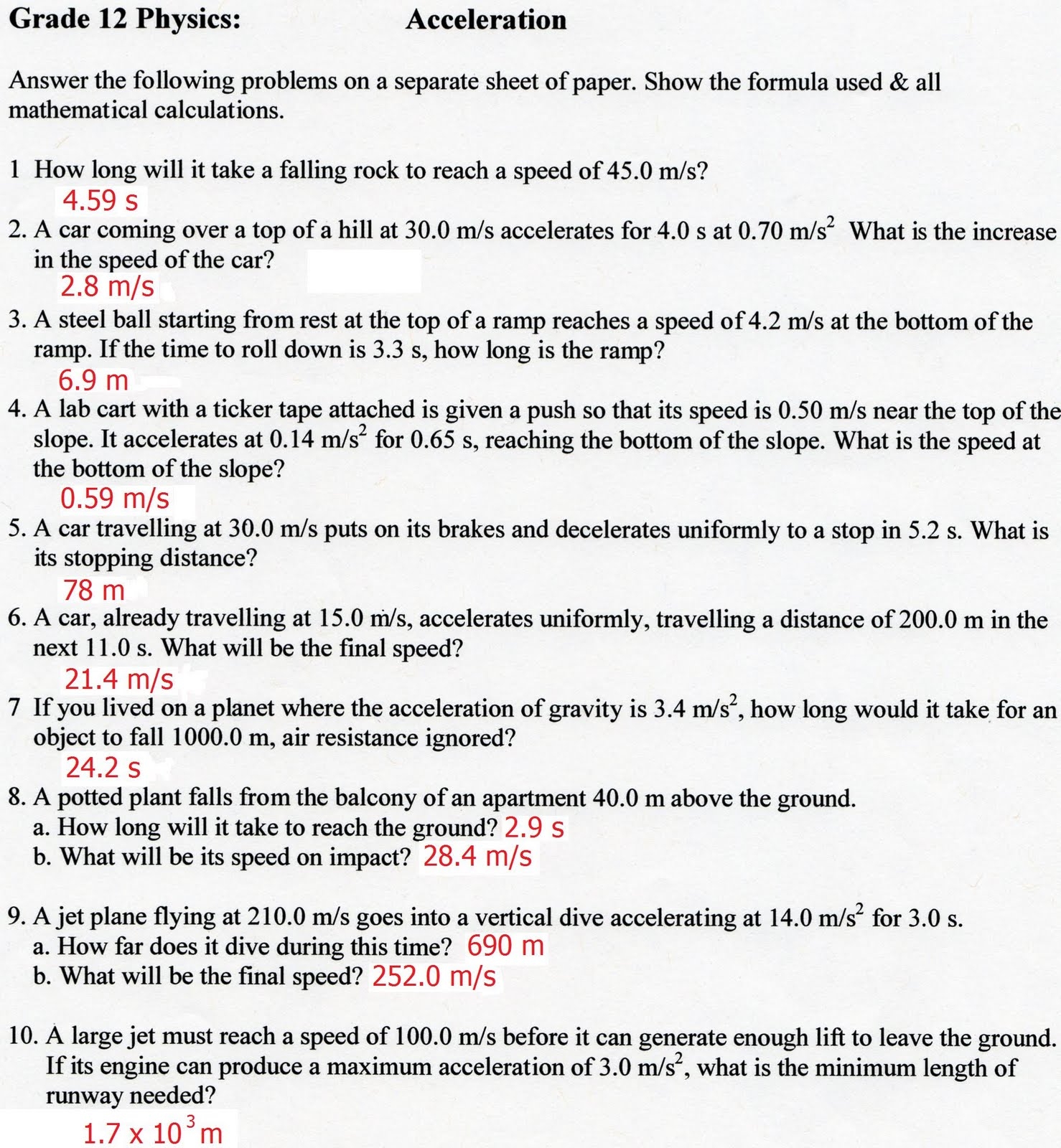 Printable Acceleration Worksheets Printable Acceleration Worksheets