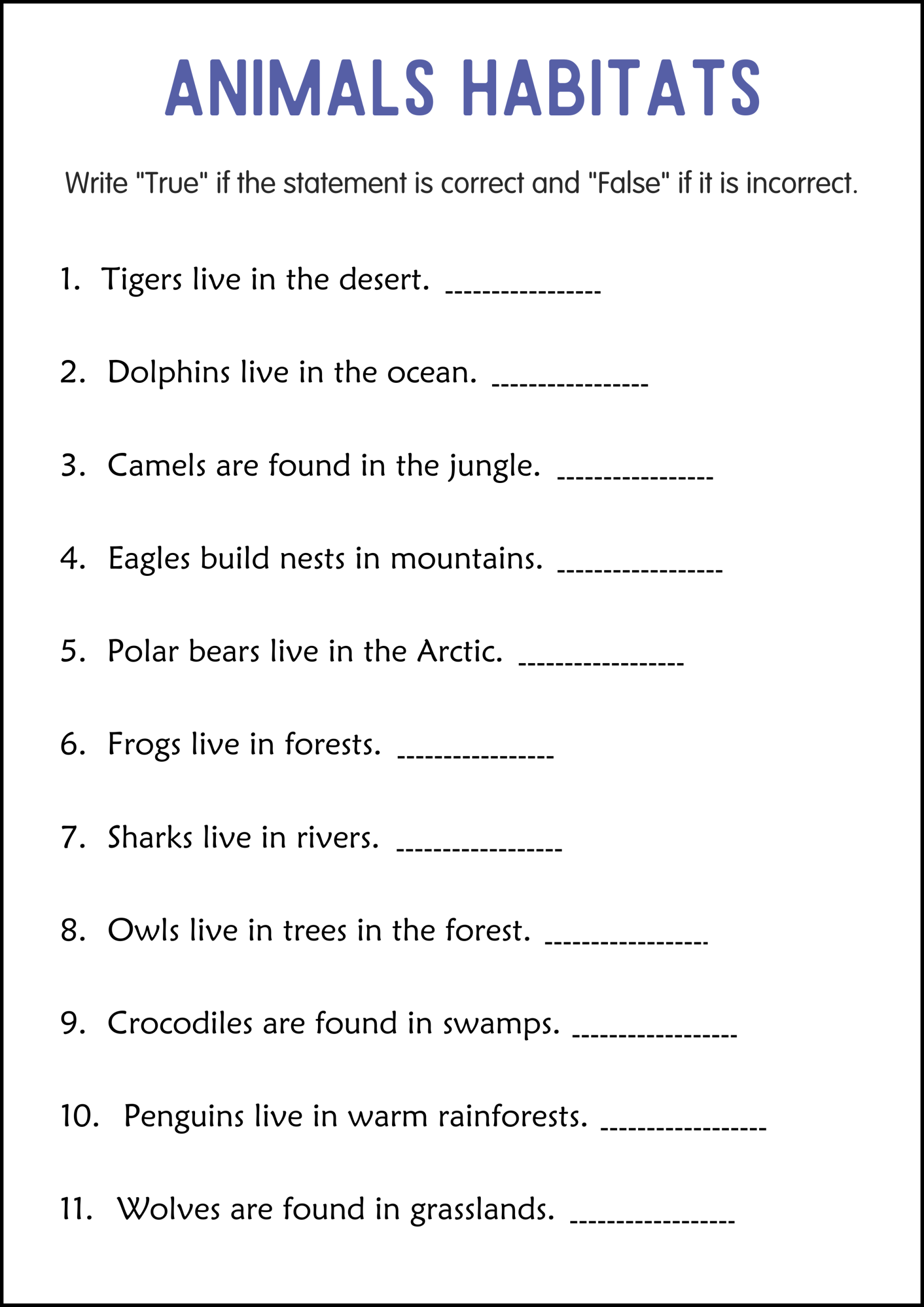 Printable Animals And Their Habitats Activity Worksheets Grade 2 3 4 Made By Teachers