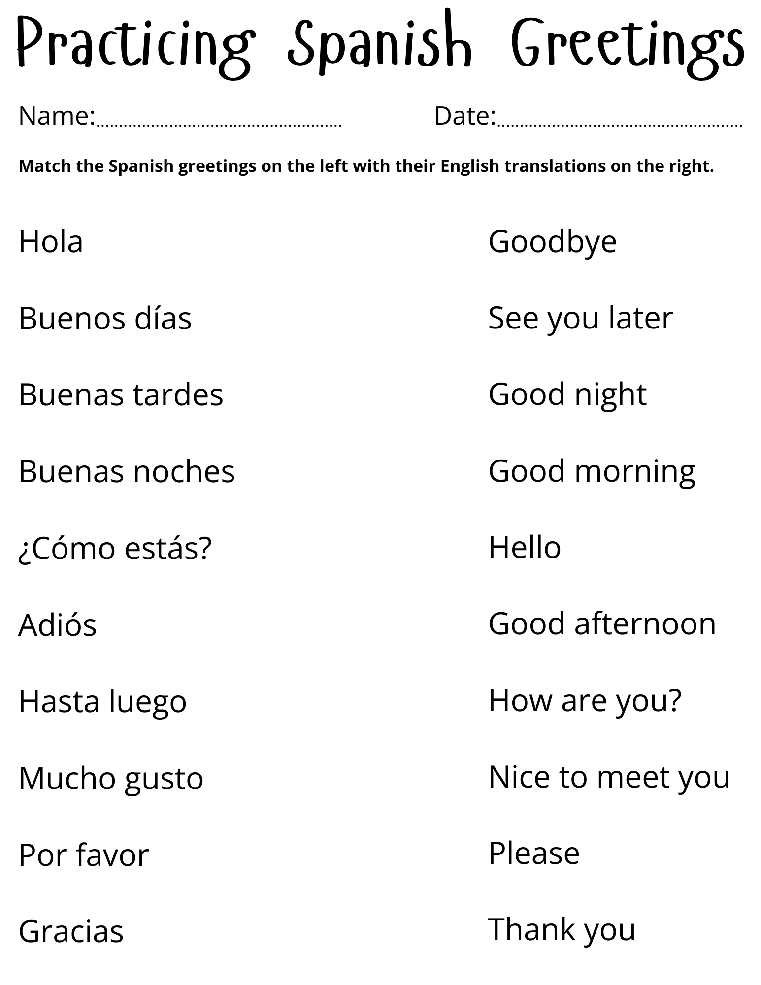 Printable Beginner Spanish Greetings Worksheet Saludos En Espa ol