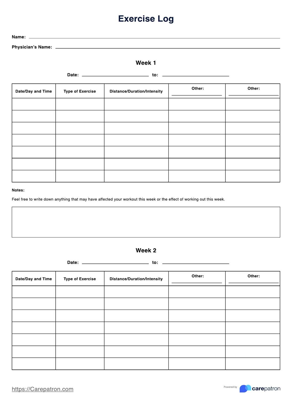 Printable Exercise Log U0026 Example Free PDF Download